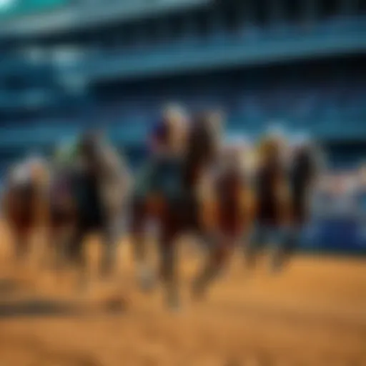 A group of thoroughbred horses competing in the Kentucky Derby race at Churchill Downs, with spectators in the background cheering.