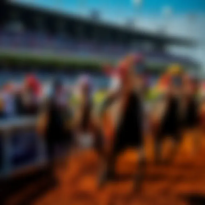Horses competing in the Kentucky Derby with spectators cheering in the background