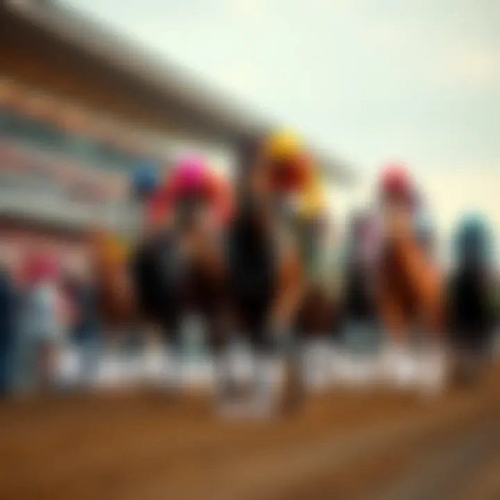 A horse racing scene with colorful jockeys and excited spectators at the Kentucky Derby