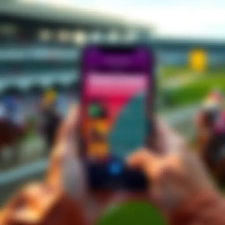 A colorful smartphone displaying a betting app interface for the Kentucky Derby, with horses and betting options visible.