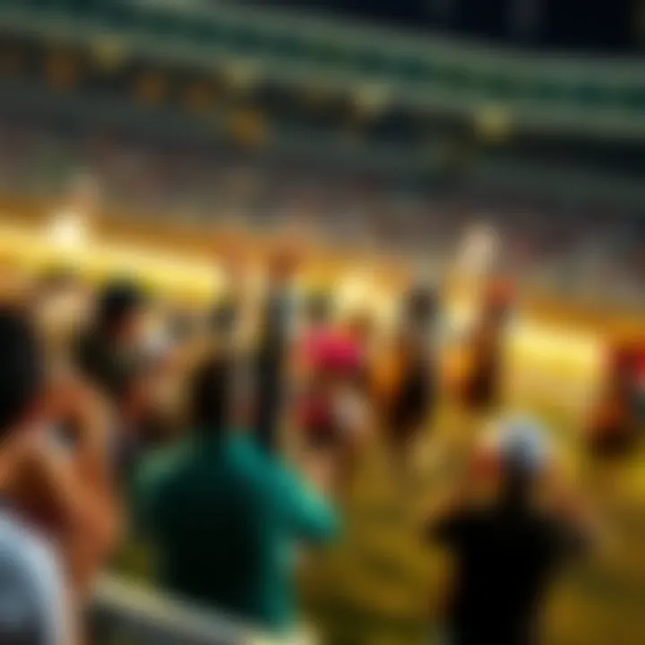 A lively scene of fans cheering at the Kentucky Derby, with horses racing in the background