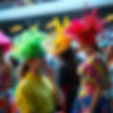 People at the Kentucky Derby wearing colorful and extravagant costumes, showcasing a mix of elegance and fun