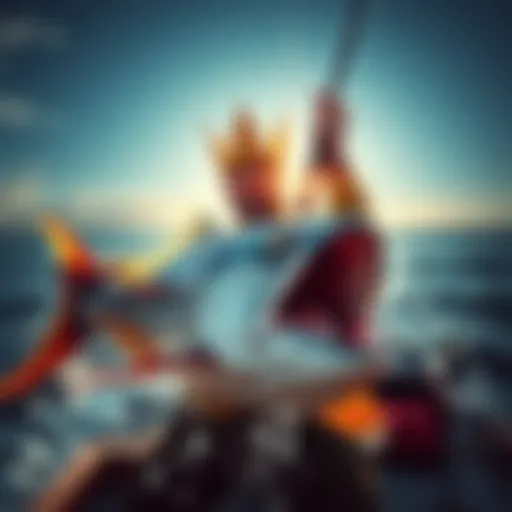 A person celebrating after capturing King King, a large fish, during a fishing expedition.