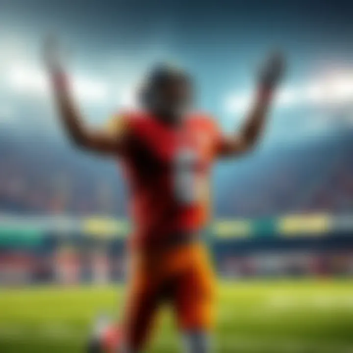 King of the Endzone Celebration A football player in a vibrant jersey celebrating a touchdown with fans in the background, showcasing the excitement of the game.