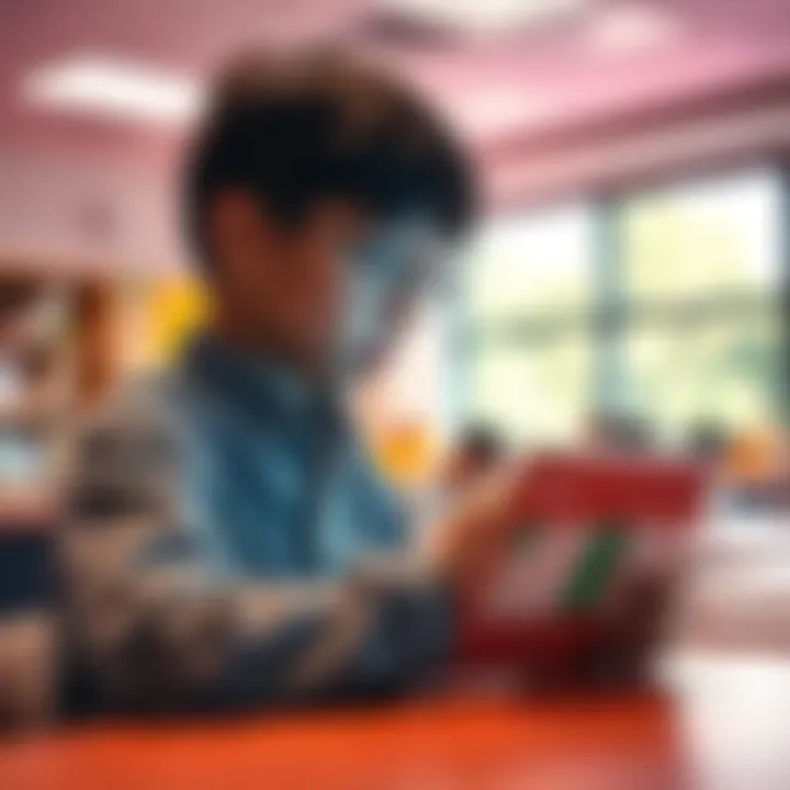 A student using Knewton's Streak Intelligence technology on a tablet in a bright classroom, engaged in interactive learning.