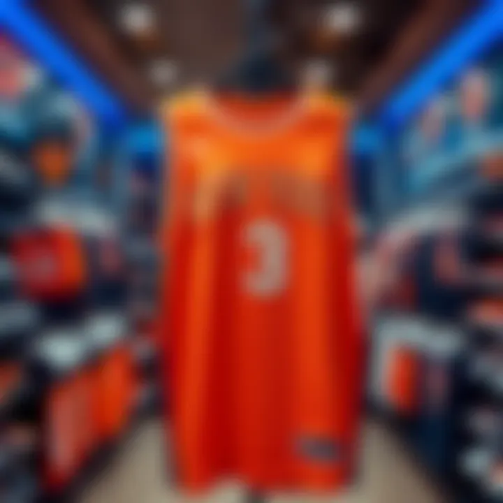 A vibrant New York Knicks jersey displayed in a store, showcasing the team's colors and logo