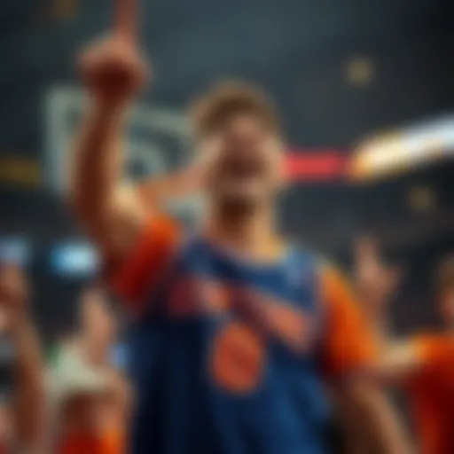 A passionate Knicks fan joyfully celebrating the team's win, wearing a Knicks jersey and holding up a foam finger.