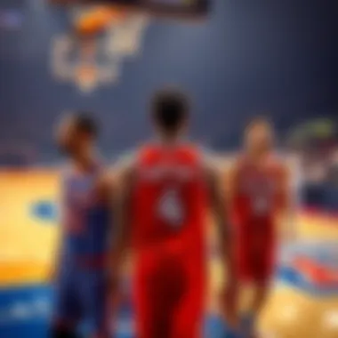 New York Knicks players on the court during a game against TJ McConnell, Pascal Siakam, and Jay Huff
