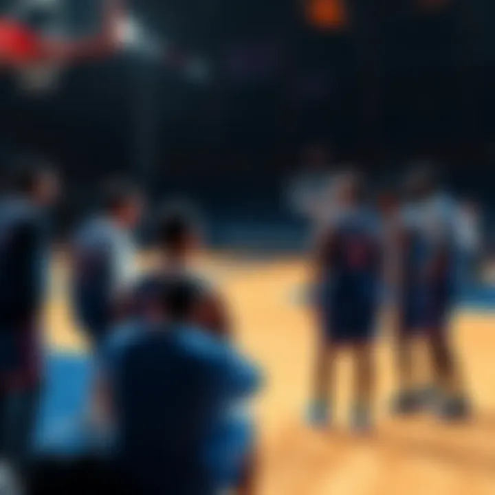 New York Knicks players huddled on the basketball court discussing game strategies during practice