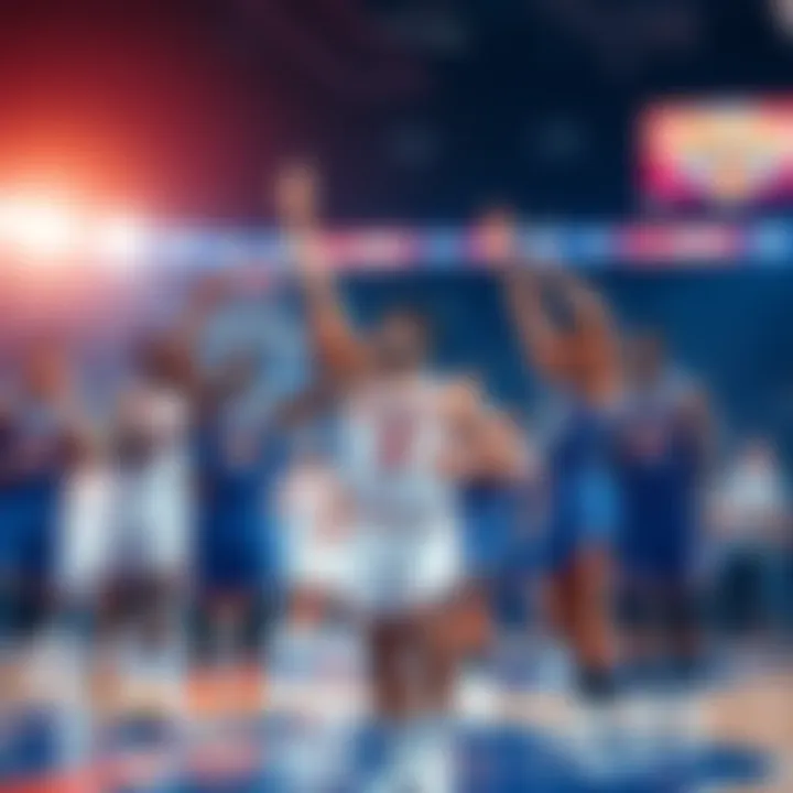 Knicks players celebrate on the court after a playoff win, showing excitement and team spirit.