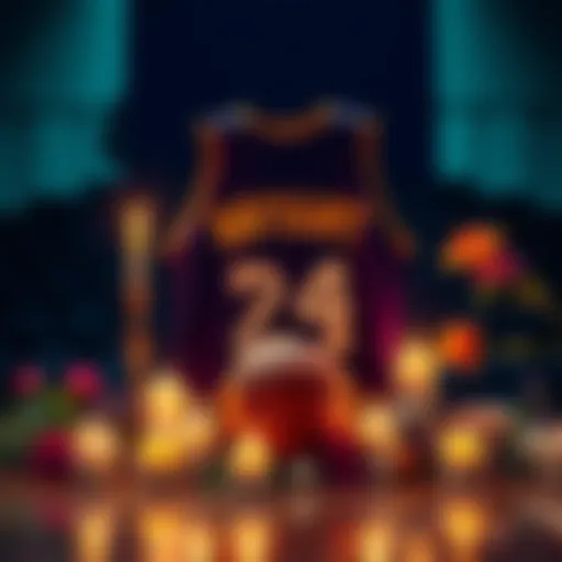 A heartfelt tribute to Kobe Bryant featuring his iconic jersey and a basketball, surrounded by candles and flowers.