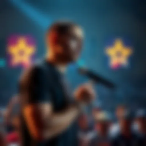 Kyle Kuzma standing in front of a crowd, holding a microphone, and addressing his fans with a serious expression