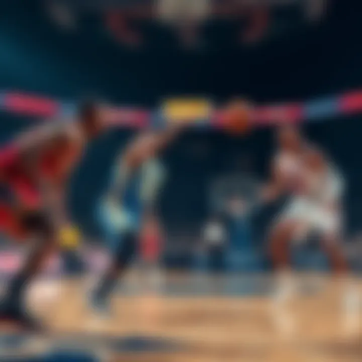 Players from LAL and CLE competing on the basketball court