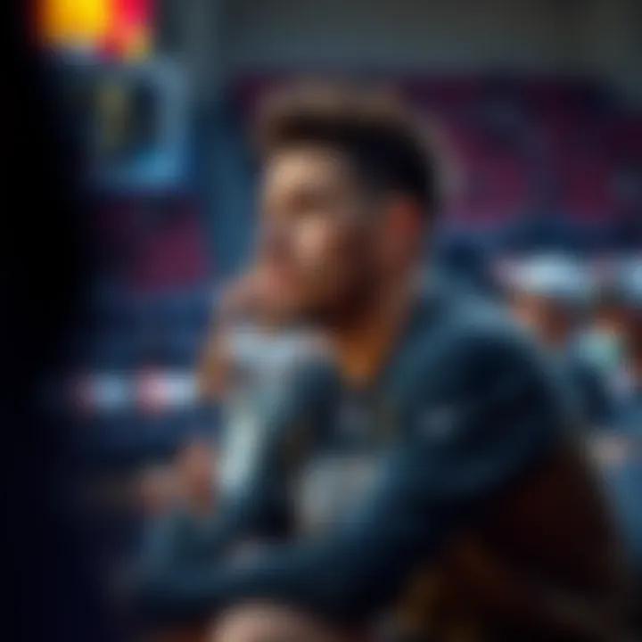 LaMelo Ball watching a game from the sidelines, looking concerned as he sits in team gear