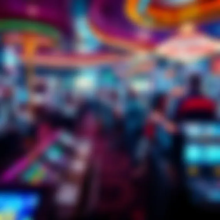 A vibrant Las Vegas casino filled with people enjoying various games and placing bets, with bright lights and slot machines in the background.