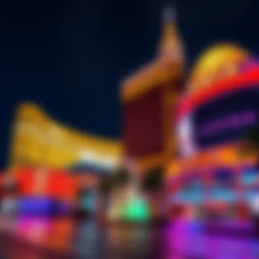 A vibrant view of Las Vegas casinos including MGM, Luxor, and Aria at night, showcasing their bright lights and unique architecture.