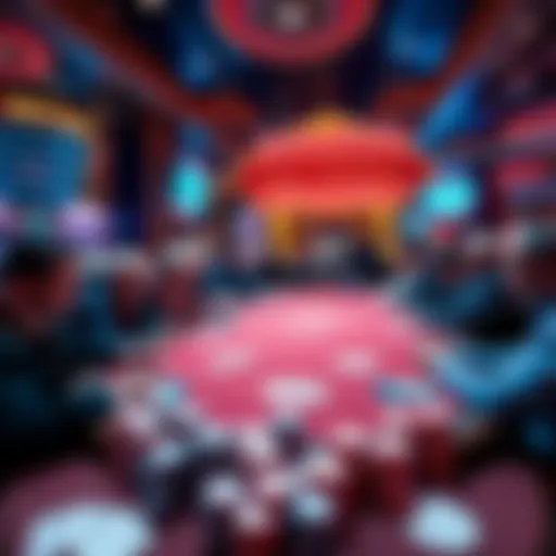 A crowded casino cash game table in Las Vegas with players engaged in low limit poker, chips stacked around, and a relaxed atmosphere.