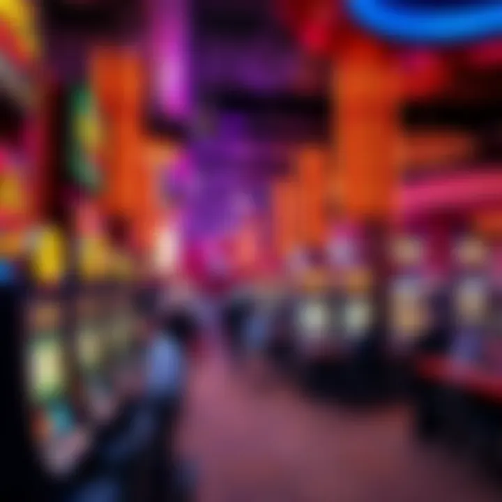 A busy casino floor in Las Vegas with people playing slot machines and tables filled with gamblers.