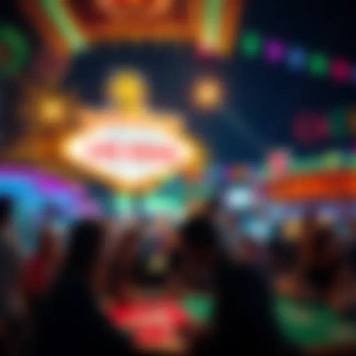 A vibrant casino scene in Las Vegas with people playing card games and enjoying the atmosphere.