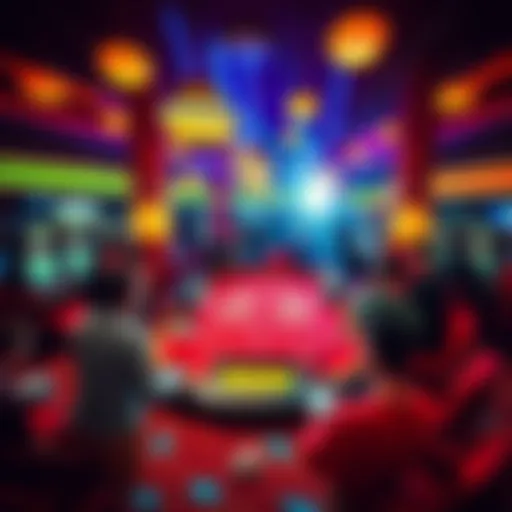 A vibrant scene at a Las Vegas casino with people excitedly preparing for games, highlighting a craps table surrounded by players and colorful decorations.