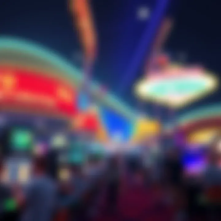 A vibrant Las Vegas casino scene showcasing promotional signs for 10x credits, with people happily engaging in games.