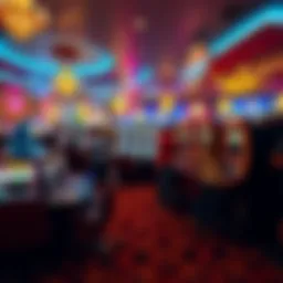 A vibrant Las Vegas casino filled with people playing table games and slot machines, showcasing excitement and potential winnings.
