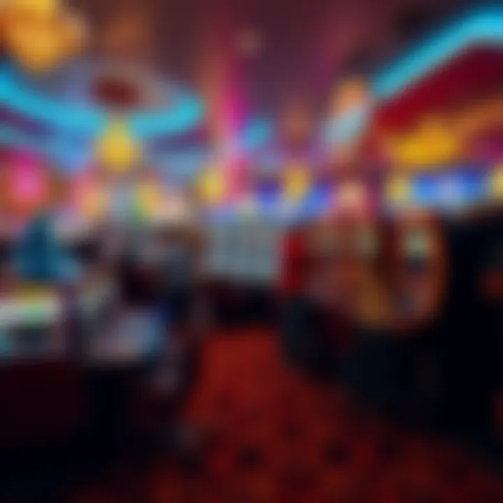 Las Vegas Casino Scene A vibrant Las Vegas casino filled with people playing table games and slot machines, showcasing excitement and potential winnings.