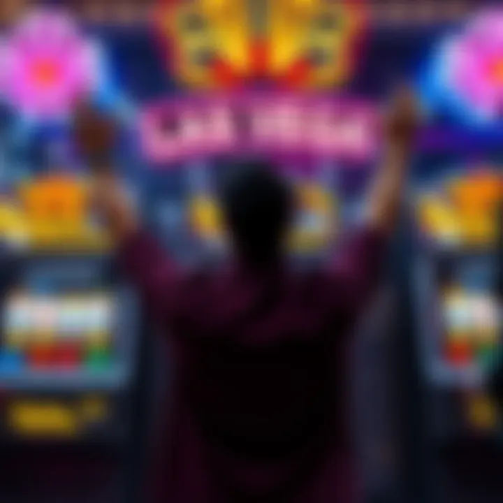 A person celebrating in front of a slot machine displaying a small jackpot win in Las Vegas.