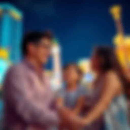 A family enjoying Las Vegas with coupons and rewards at Nível 4, showcasing city lights and attractions.