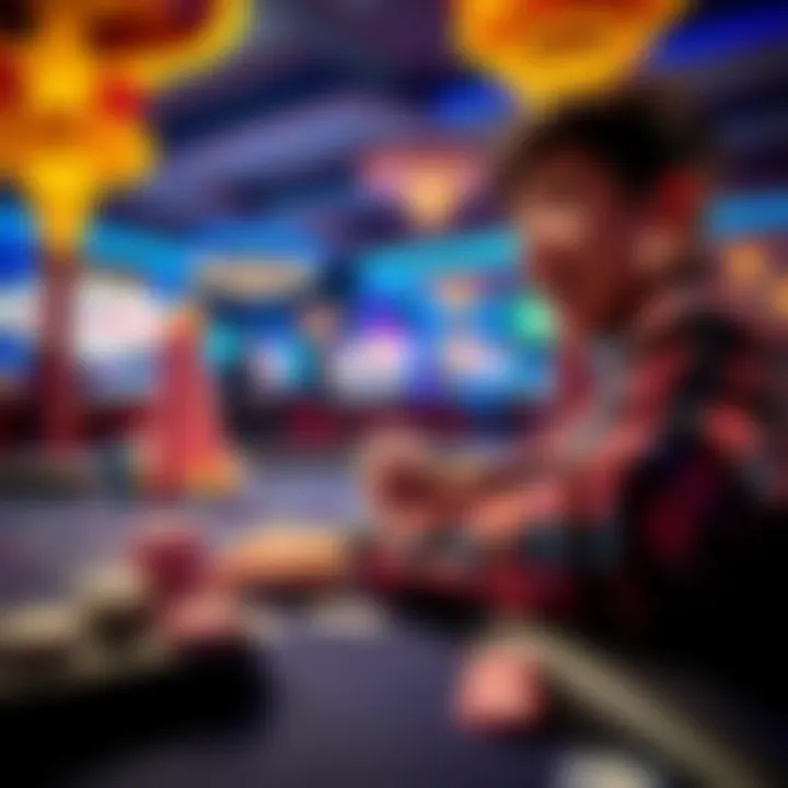 A young person excitedly playing blackjack at a Las Vegas casino table surrounded by colorful chips and cards