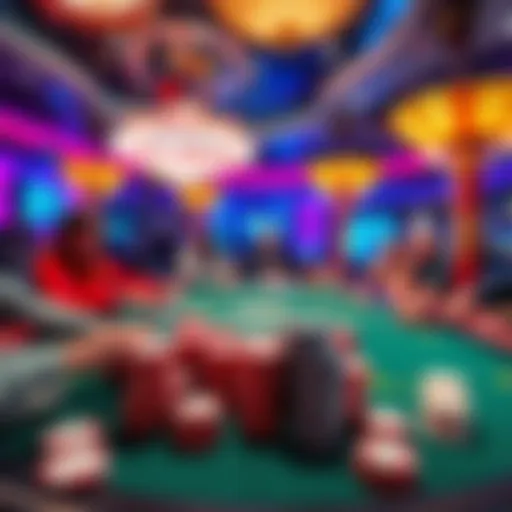 A vibrant Las Vegas poker room with players at the table, colorful chips stacked and cards in hand, showcasing the excitement of the game