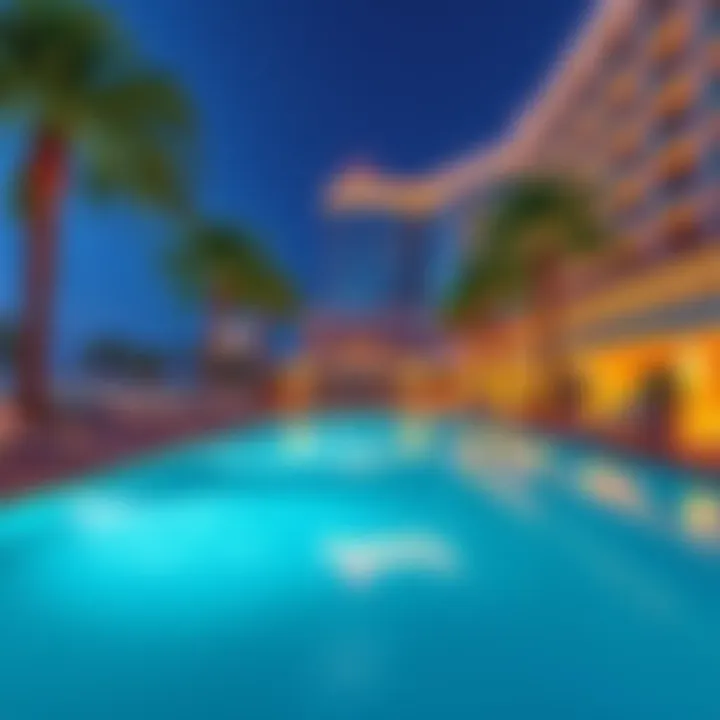 Serene pool setting with lounge chairs and palm trees at a Las Vegas hotel, perfect for relaxation.