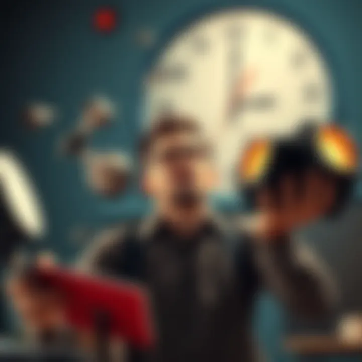 A person looking stressed while juggling multiple tasks and a clock ticking in the background.