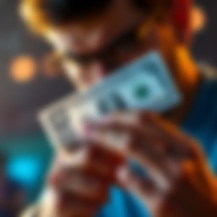 A person looks nervously at a betting slip while holding ten dollars, reflecting tension and anticipation.
