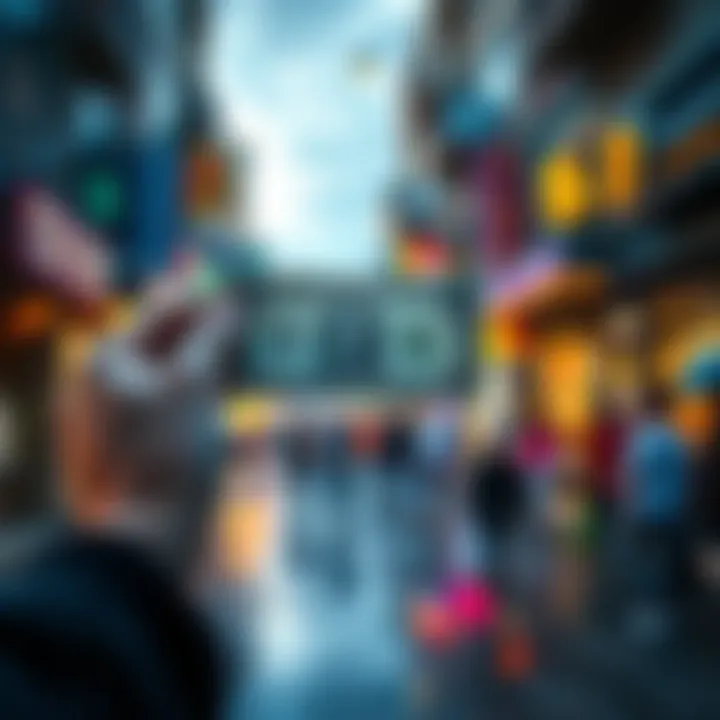 A person holding a single dollar bill while contemplating their financial choices. The background shows a busy street filled with shops.