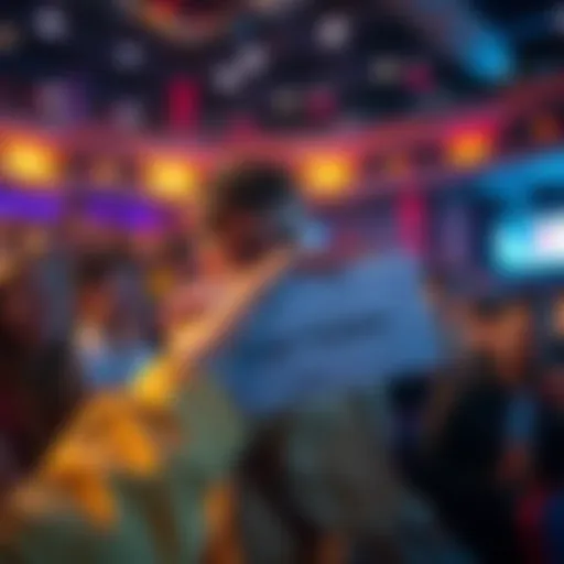 A person holding a ticket with a frustrated expression in a crowded venue while others laugh nearby