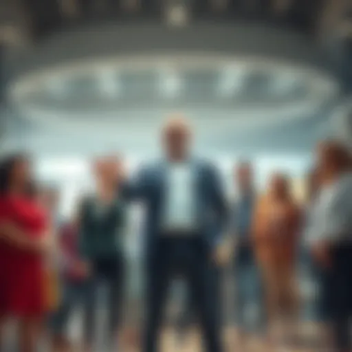 A confident leader standing in front of a diverse team, encouraging them in a bright office setting.