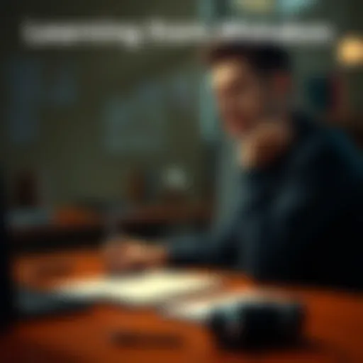 A person reflecting on past mistakes with a thoughtful expression, sitting at a desk with a notepad and pen