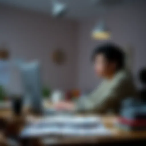 A person sitting at a desk, focused on a laptop, engaged in an online learning session with books and notes around them.