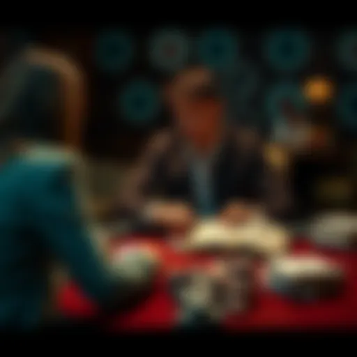 A person sitting at a poker table studying cards and books on poker strategies