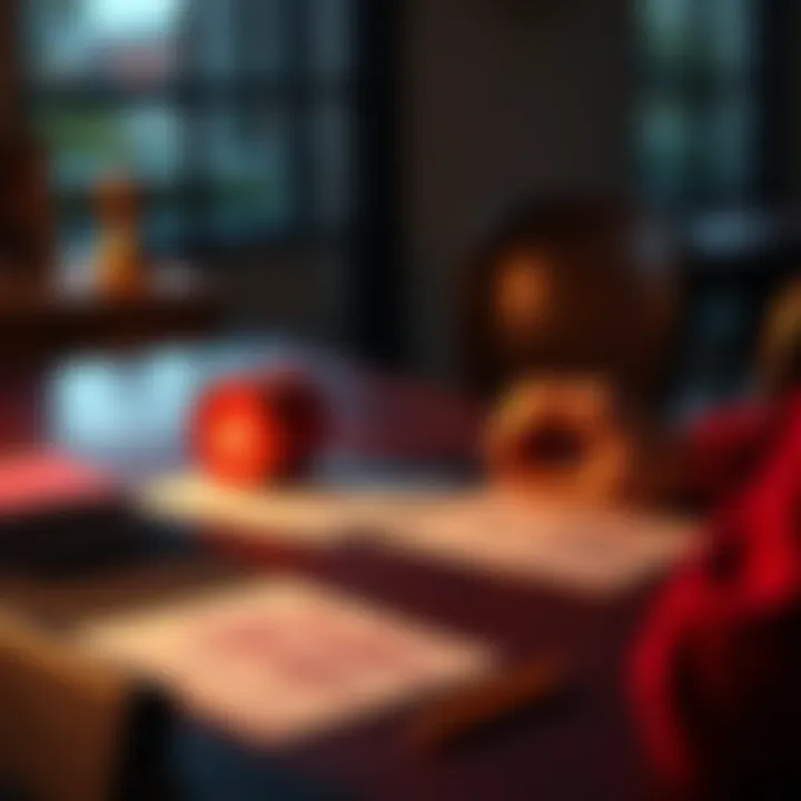 A person studying card strategies with notes and a chart on a table