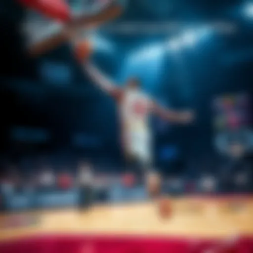 LeBron James playing basketball on the court, aiming for a basket