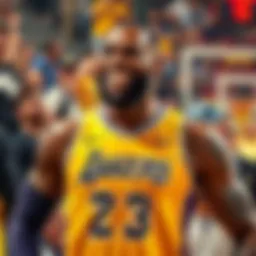 LeBron James wearing a Lakers jersey, celebrating with fans after a game
