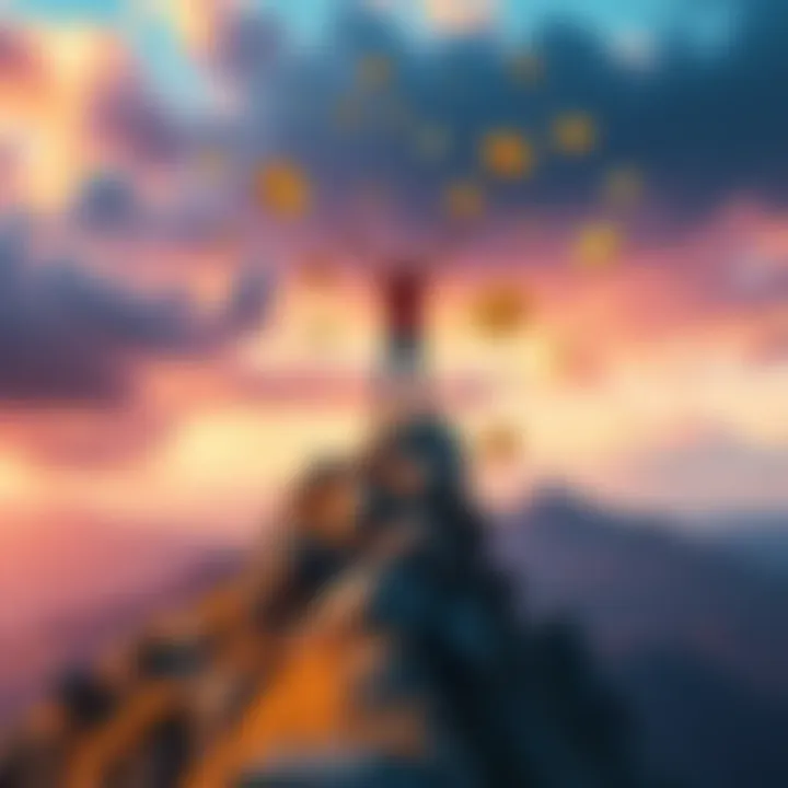 A person standing on a mountain peak celebrating a level-up with rewards floating around them