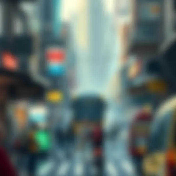 A busy city scene showing people adapting to daily challenges and changes in their environment.