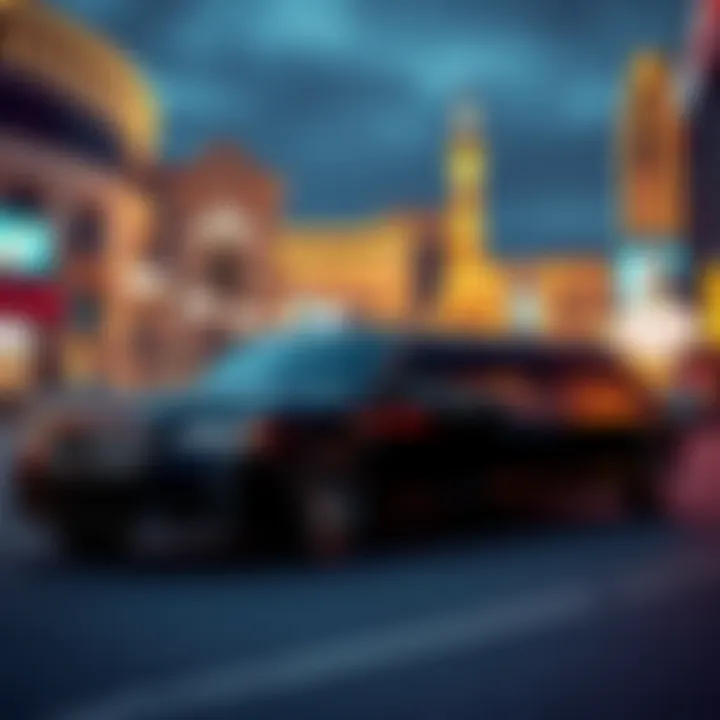 A sleek black limousine in Las Vegas with city lights in the background, showcasing the vibrant nightlife.