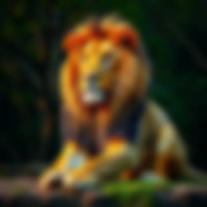 A lion sitting majestically, looking thoughtful in its natural habitat, symbolizing power and caution