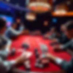 A live baccarat game table with players and a dealer, showing cards and chips