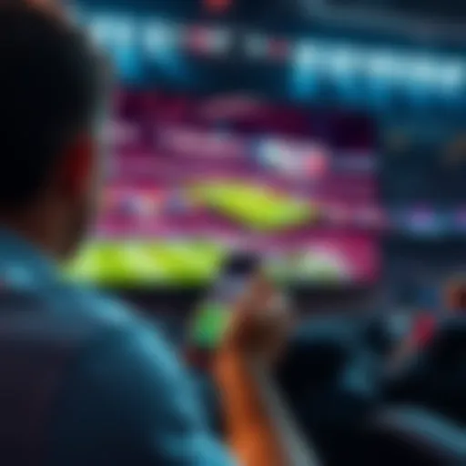 A person watching a sports event on a screen while placing live bets on their mobile device, creating an interactive atmosphere.