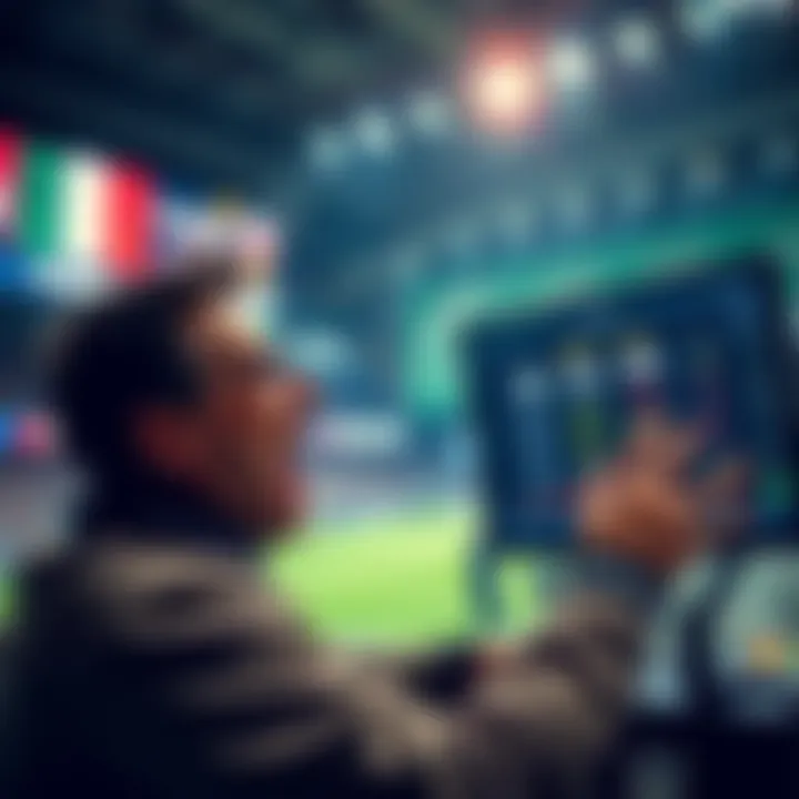 Live Betting on France A bettor excitedly places a live wager on France to win, showing a rise in odds on a screen in front of them.